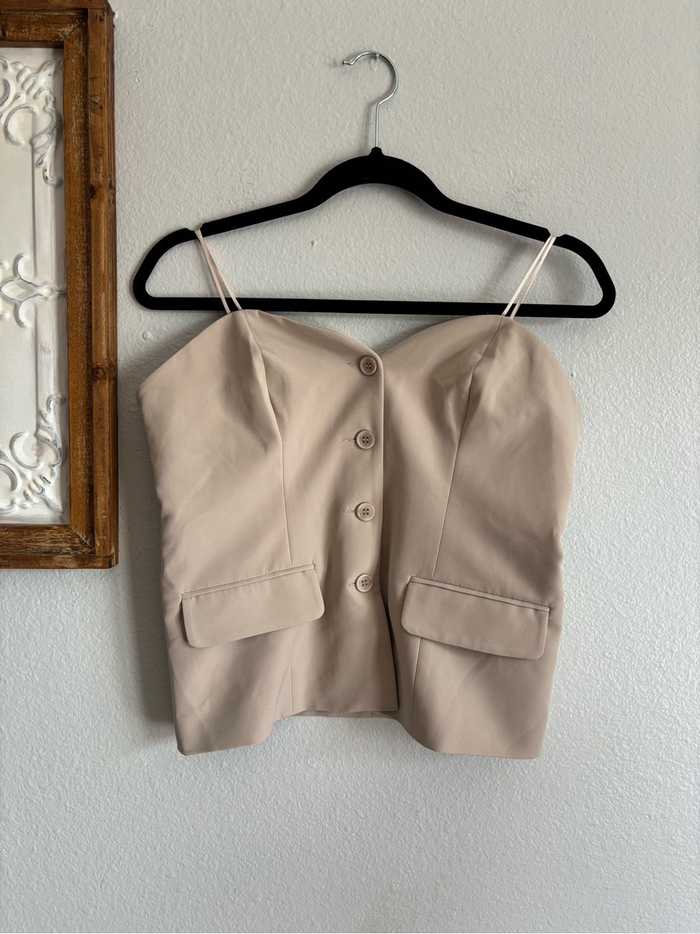 Sincerely Jules Women Sz L bustier Button Vest Strapless Top Shirt Beige Tan NWT